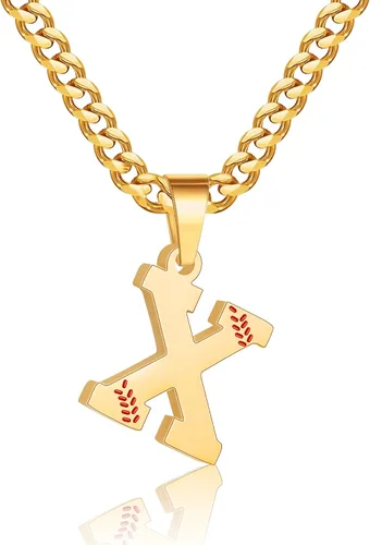 Miniatura 24 de Avotto Collar de béisbol con letra inicial de la A a la Z para niños y hombres, cadena cubana de acero inoxidable resistente que no se decolora
