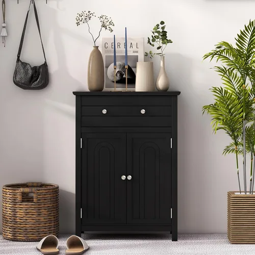 Miniatura 4 de Tangkula Armario de piso de baño, gabinete de almacenamiento de madera independiente con cajón grande y 2 puertas, estante ajustable de 3 alturas