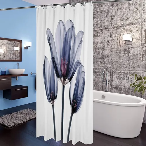 Miniatura 9 de Cortina de ducha, fotografía abstracta de tulipanes de flores azules transparentes, juego de cortina de ducha de tela impermeable con 12 ganchos