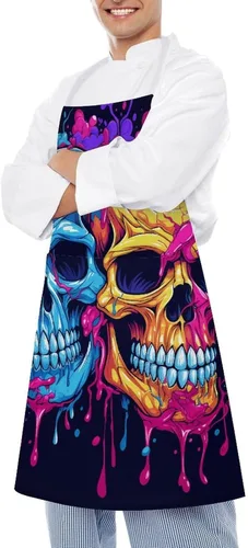 Miniatura 4 de Personalized Two Different Skulls Adult Apron, Kitchen Cooking Aprons for Woman Man, Adjustable Bib Apron with Pocket for Baking, BBQ Crafting