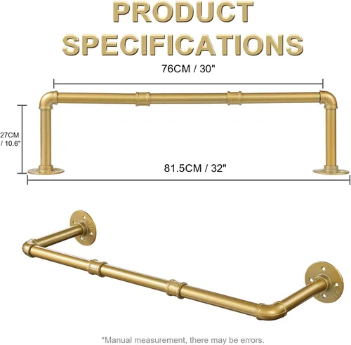 Miniatura 3 de Perchero de ropa de oro de tubería industrial, Perchero dorado montado en la pared de 30 pulgadas, Perchero de ropa de tubería industrial, Barra