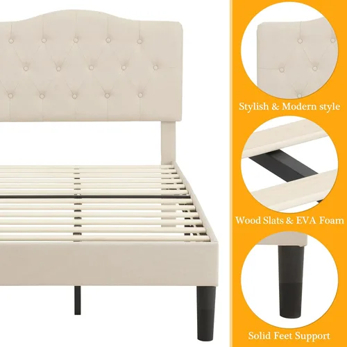 Miniatura 7 de VECELO Base de cama de plataforma de tamaño individual con cabecera tapizada de tela y soporte de listones de madera, no necesita somier/fácil