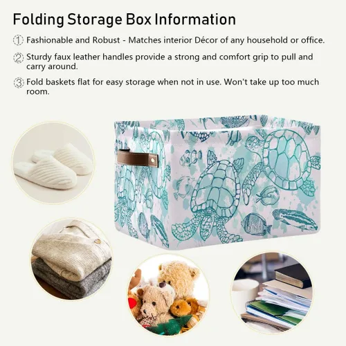 Miniatura 5 de Cesta de almacenamiento en cubo tropical con tortugas marinas y peces plegables grandes, caja de almacenamiento para juguetes, organizador