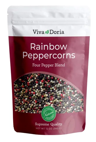 Viva Doria Mezcla de granos de pimienta arcoíris, pimienta negra entera esterilizada al vapor, pimienta verde entera, pimienta rosa entera, pimienta