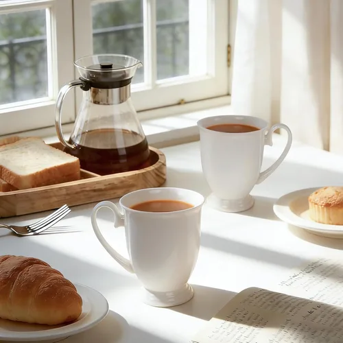 Miniatura 6 de Juego de 2 tazas de café blancas de porcelana fina de lujo (8 onzas), tazas de té de cerámica estilo europeo, elegantes y duraderas tazas de café