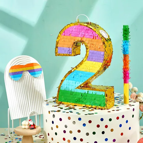 Miniatura 5 de Piñata Arcoíris Número 2 para Decoraciones de Fiesta de 2do Cumpleaños, Piñata de Cumpleaños con Palo, Venda para los Ojos y Confeti, Celebración