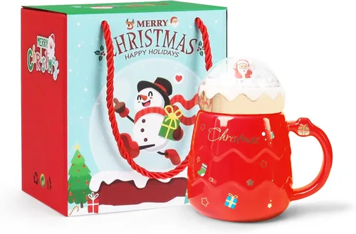 Miniatura 8 de Taza navideña PARSUP, lindas tazas de té de cerámica con tapa de Santa, taza novedosa para leche, café, chocolate caliente, regalo para mujeres