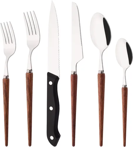Miniatura 8 de Juego de cubiertos de acero inoxidable para 4 Uniturcky 24 piezas con cuchillos para carne, juego de cubiertos con mango de madera para el hogar