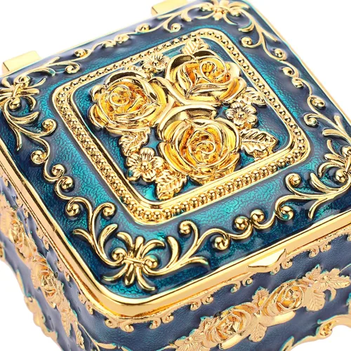 Miniatura 8 de Hipiwe Caja de Joyería de Metal Vintage - Pequeño Organizador de Baratijas Caja para Anillos con Patrón de Rosas, Caja de Almacenamiento de Joyas