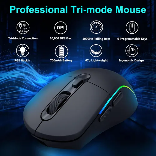 Miniatura 2 de E-YOOSO Mouse inalámbrico para juegos, 10,000 DPI, trimodo de 2.4 GHz/Bluetooth/USB-C con cable, retroiluminación RGB, 6 botones programables, mouse