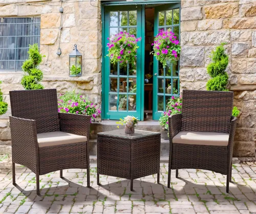 Miniatura 4 de Flamaker Juego de muebles de patio de 3 piezas de ratán para todo tipo de clima, muebles de exterior, sillas de patio con mesa de vidrio templado