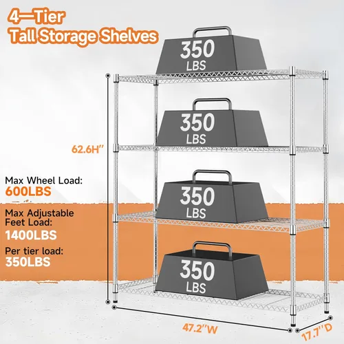 Miniatura 3 de M MZG Estantes de Almacenamiento de 4 Niveles Carga 1400LBS, Unidad de Estantería de Metal de Alambre Estantes de Metal para Almacenamiento Cromo