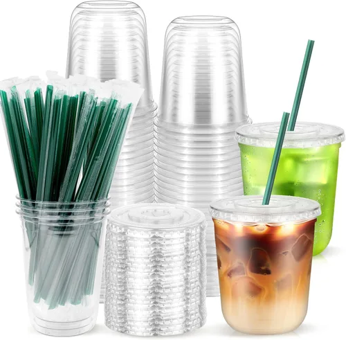 25 vasos de plástico desechables con tapas y pajitas, tazas de café transparentes de 12 onzas para café helado, batidos, jugos, tazas frías en forma