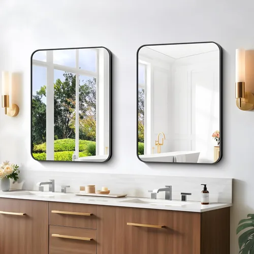 Miniatura 3 de Espejo de baño de 18 x 24 pulgadas con marco de metal negro rectangular, espejo de tocador rectangular de esquinas redondeadas, espejo de pared
