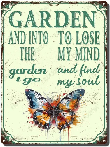 Miniatura 12 de LIUAXICIA Letreros divertidos de metal con texto en inglés "In The Garden to Lose My Mind and Find My Soul Bee Garden - Letreros de lata
