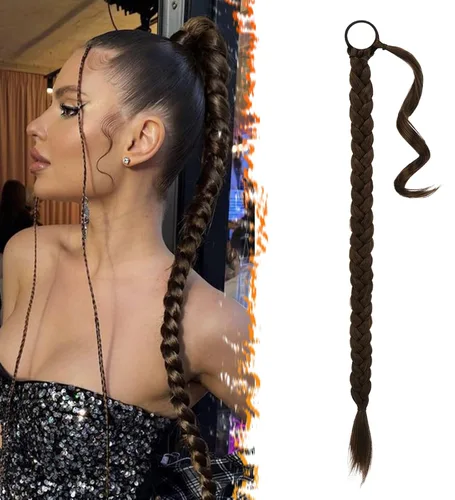 Miniatura 31 de Barsdar Extensión de 26 Pulgadas de Cola de Caballo Trenzada Larga con Banda Elástica - Extensiones de Cabello en Cola de Caballo Recta y Elegante