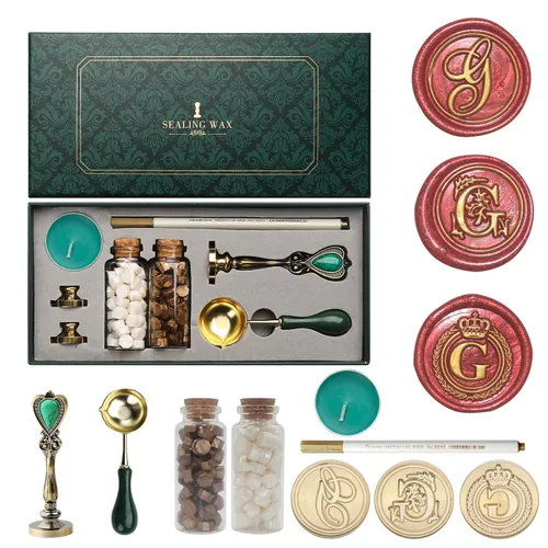Kit de sello de cera de letras Andotopee con sello de cera de alfabeto inicial G, 3 piezas, sellos de cera de cuentas perla blanca y dorada vintage,
