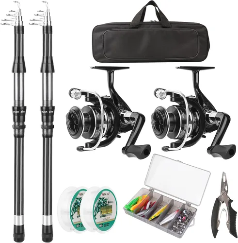 Miniatura 2 de Combo de carrete de caña de pescar, 2 cañas de pesca telescópicas de 6.89 pies, 2 carretes giratorios, juego de alicates de pesca con bolsa de Negro