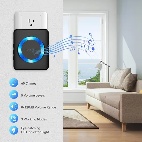 Miniatura 2 de TECKNET Timbre inalámbrico, timbre de puerta de 0 a 120 dB, timbre enchufable de 1300 pies, timbre de aula impermeable IP65, 60 timbres y 5 niveles