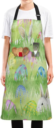 Miniatura 2 de Delantal con diseño de huevos de conejo de Pascua en acuarela para mujeres y hombres, delantal de cocina con cuello ajustable y bolsillos grandes
