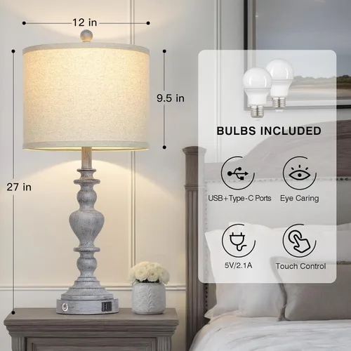 Miniatura 6 de 27" Tall Table Lamps for Living Room, 3-Way Dimmable Touch Control Farmhouse Vintage Table Lamps Set of 2 with USB C+A Ports and AC Outlets, Rustic