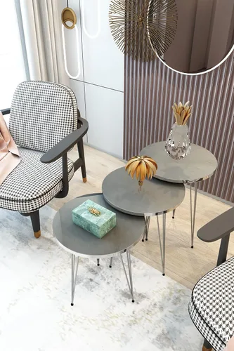 Miniatura 13 de Juego de 3 mesas auxiliares anidables de mármol blanco, mesas auxiliares redondas de madera apilables con patas de metal para sala de estar, oficina