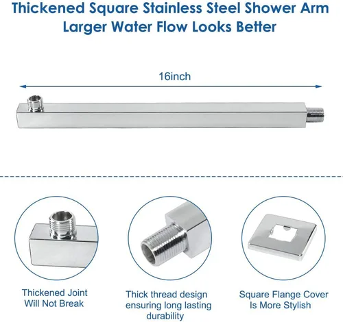 Miniatura 4 de Cabezal de regadera con brazo extensible, alta presión, cuadrado, con brazo para regadera, acero inoxidable, tipo lluvia, cascada, cobertura de Cromo