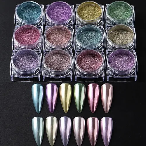 Miniatura 2 de WOKOTO 12 tarros de polvo de uñas cromado para uñas, kit de polvo de perlas mágicas coloridas, efecto espejo, polvo holográfico metálico para uñas