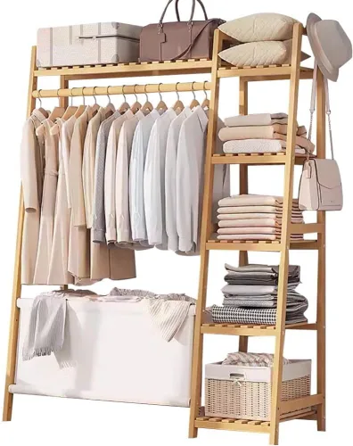 Miniatura 8 de Bamboo Coat Rack with Storage Rack,Freestanding Clothes Rack with Storage Bag,Wood Closet Shelf with Hanging Rod,Clothes Storage Organizer