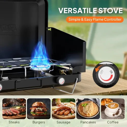 Miniatura 5 de ROVSUN 20000 BTU Propane Camping Stove with Adapter, 2 Burner Tabletop Portable Propane Camp Stove with Built-in Handle & Foldable Wind Panel for