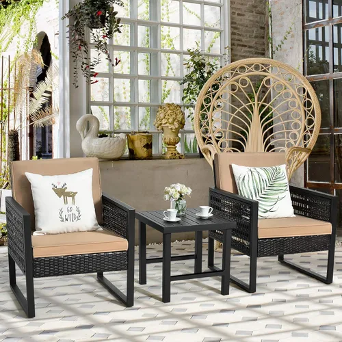 Miniatura 2 de Tangkula Juego de 3 piezas de mimbre para patio, sofá de ratán al aire libre, muebles de conversación con mesa de café, cojines de asiento y Mesa