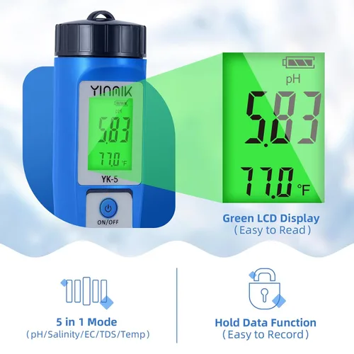 Miniatura 3 de YINMIK Medidor de pH y Sal 5 en 1 pH TDS EC Probador de Salinidad para Piscina Spa Acuario Hidropónico Agua Salada Probador Digital de pH y PPM
