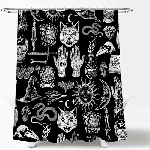 Miniatura 2 de Cortina de ducha de bruja de Halloween, color negro, espeluznante, alquimia gótica, psíquica, espeluznante, calavera, esqueleto, tablero de Ouija