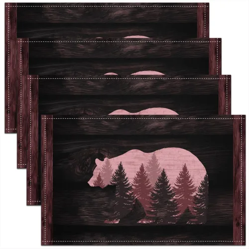 Miniatura 12 de Lodge - Juego de 4 manteles individuales de cabina con diseño de silueta de pino y oso gris, tapetes de cocina para mesa de comedor, animales