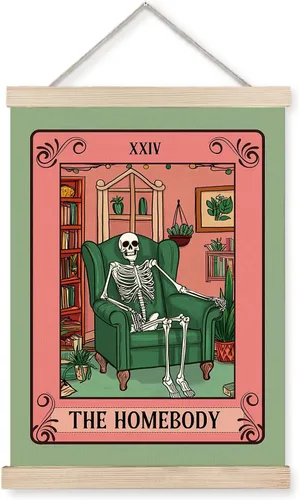 Pleonox Colgador de póster de esqueleto gótico de la casa enmarcado, decoración estética de arte de pared de bruja, tarot rosa moderno, decoración