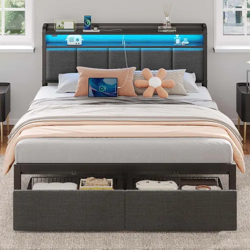 Miniatura 16 de Rolanstar Armazón de cama tamaño completo con estación de carga y luces LED, cabecera tapizada con estantes de almacenamiento, listones de metal