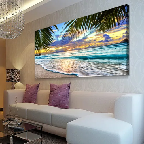 Miniatura 20 de Cuadros en Lienzo de Puesta de Sol en la Playa Arte de Pared para Sala de Estar Dormitorio Decoración de Pared, Impresiones de Arte de Pared