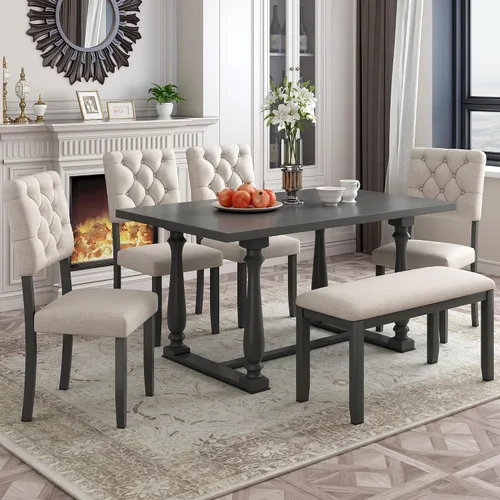 Harper & Bright Designs Juego de mesa de comedor de madera gris de 6 piezas con banco tapizado y 4 sillas de comedor, patas de forma especial y