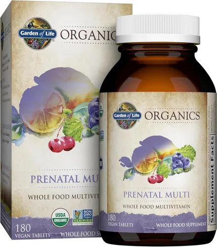 Garden of Life Organics Multivitamínico prenatal para mujer con vitamina D3, B6, B12, C y hierro, folato para energía y desarrollo fetal saludable,