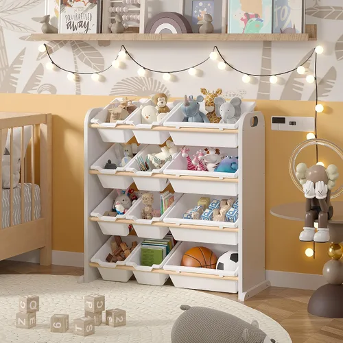 Miniatura 6 de VECELO Estantería para niños con 12 contenedores, estante de madera para juguetes para niños pequeños, almacenamiento de gran capacidad para libros
