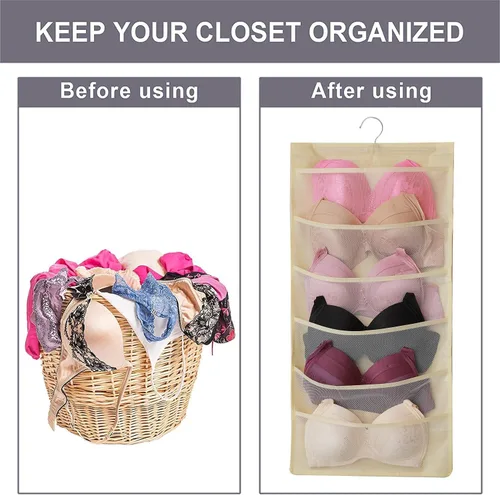 Miniatura 5 de Organizador de armario de doble cara con bolsillos de malla para colgar, para ropa interior, brasier, calcetines, accesorios con percha, total de 24