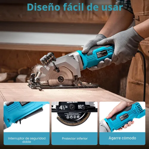 Miniatura 8 de Seesii Mini sierra circular con guía láser, sierra circular compacta con cable de 4.8A 4000 RPM con guía de rasgadura, 3 cuchillas (4-1/2 pulgadas)