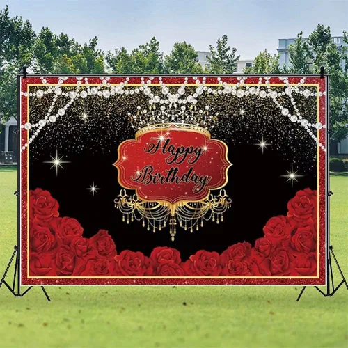 Miniatura 4 de Telón de fondo de feliz cumpleaños para mujer, 5 x 3 pies, rosas rojas, flores, manchas doradas, perlas, fondo de fotografía de lujo, decoración