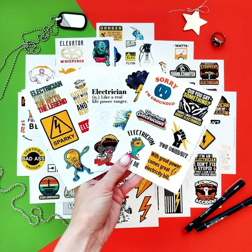 Miniatura 6 de Bulbacraft 100 calcomanías divertidas de electricista para sombreros duros, calcomanías y calcomanías para cascos de electricista, divertidos