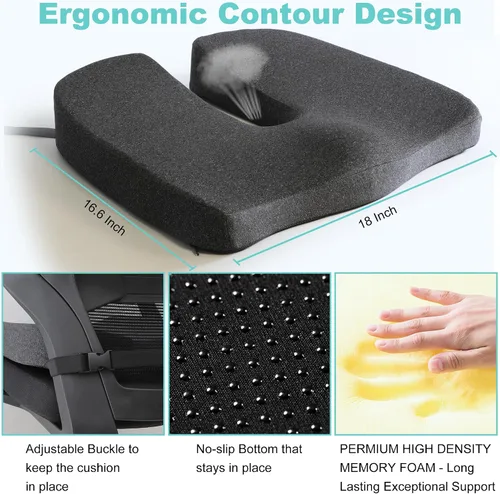Miniatura 4 de Cojín de asiento más grande para silla de oficina, corte en U extendido de 10 pulgadas, 18 x 16 x 3 pulgadas, almohada de alivio del dolor de coxis