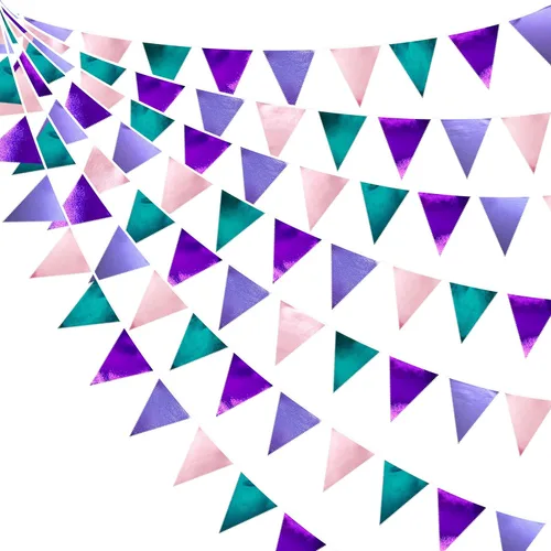 Miniatura 68 de Decoración de fiesta iridiscente de 33 pies, tela holográfica, banderín triangular, banderín de algodón, guirnalda de banderines para cumpleaños