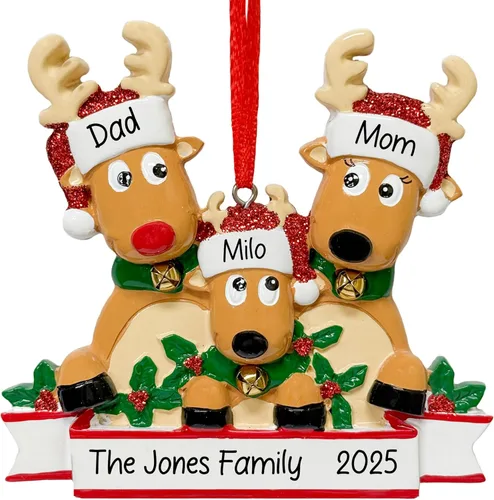 Adorno navideño personalizado de familia de 3 renos 2026 | Familia de ciervos Rodolfo para árbol de Navidad | Recuerdo personalizado para padres