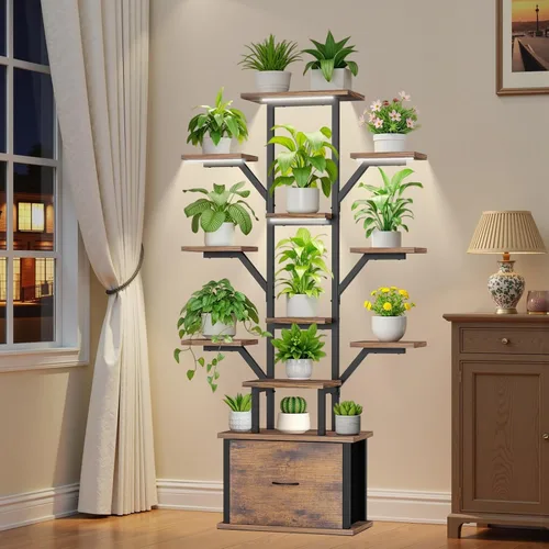 Soporte para plantas de interior con luces de crecimiento, estante de metal de 12 niveles con cajón, soporte grande de 65 pulgadas para plantas de