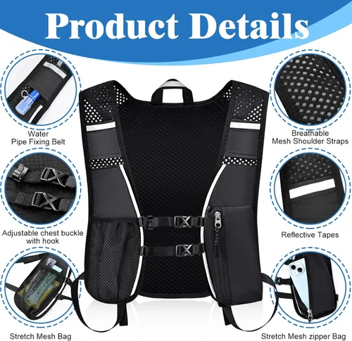 Miniatura 3 de Mochila de Hidratación con Bolsa de Agua de 2 L, Chaleco Ligero y Transpirable para Correr para Hombre, Paquete de Agua Ajustable con Correas