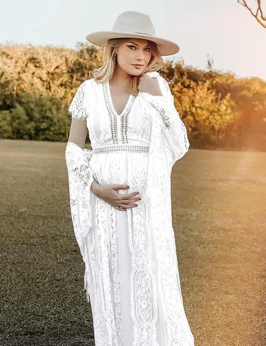 Miniatura 3 de Vestido de maternidad de encaje con cuello en V para sesión de fotos, baby shower, boda, verano, encaje floral, vestidos de embarazo bohemios
